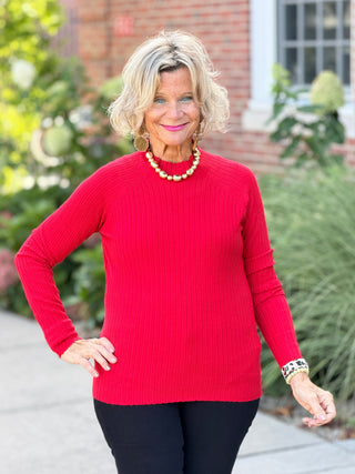 Ribbed Knit Mock Neck Sweater RED CHARLIE B