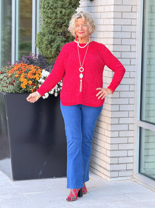 Women's Luster Chenille V-Neck Cable Sweater RED Cathys Place