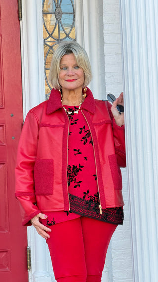 Women's Faux Leather Shearling Zip Front Jacket RED Cathys Place
