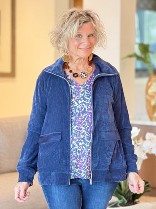 Women's Portrait Collar Velveteen Zip Front Jacket NAVY Cathys Place