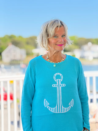 DOCKSIDE NAUTICAL AQUA STRIPE ANCHOR SWEATER Cathys Place
