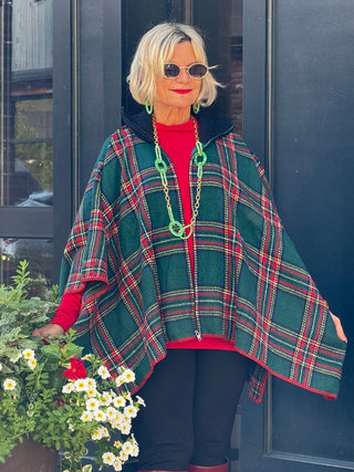 Flannel Plaid Zip Front Poncho GREEN AND RED