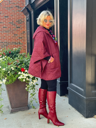 Oversize Quilted Puffer Hood Cape Poncho BURGUNDY