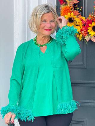 LULU-B EMERALD CASHMERE FRINGE FANCY CARDIGAN LULU-B