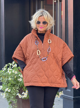 Stand Up Collar Quilted Cape Poncho Jacket RUST