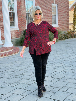 Women's Floral Flocked Texture Lace Trim Top BLACK Cathys Place