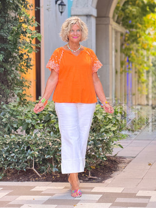 ORANGE FLORAL EMBOIDERY TOP Cathys Place
