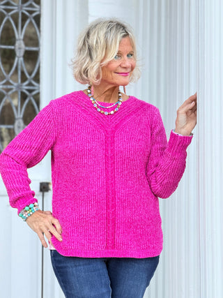 Women's Luster Chenille V-Neck Cable Sweater FUSHIA Cathys Place
