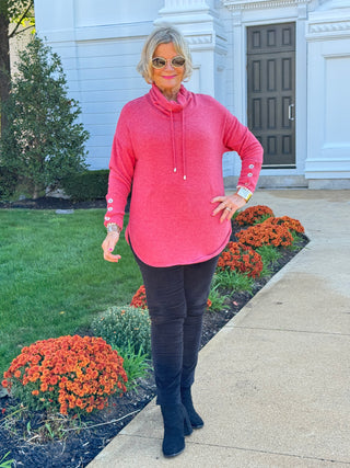 Women's Cowl Neck Cozy Hatchi Drawstring Top CHERRY