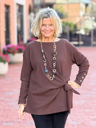 Women's Rib Knit Boat Neck Side Tie Top WALNUT Cathys Place