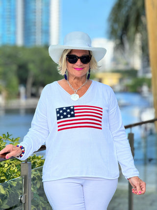 WHITE V NECK FLAG SWEATER