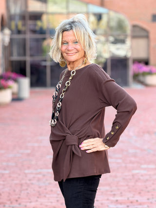 Women's Rib Knit Boat Neck Side Tie Top WALNUT Cathys Place