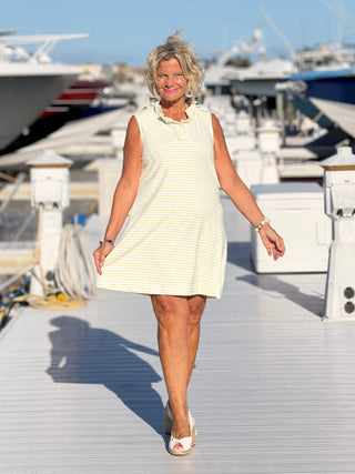 NAUTICAL YELLOW STRIPED SLEEVELESS RUFFLE DRESS LULU-B