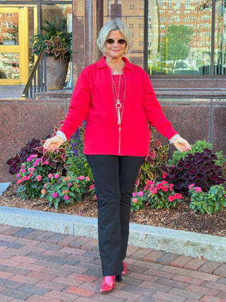Crystal Zipper Cardigan with Collar Red