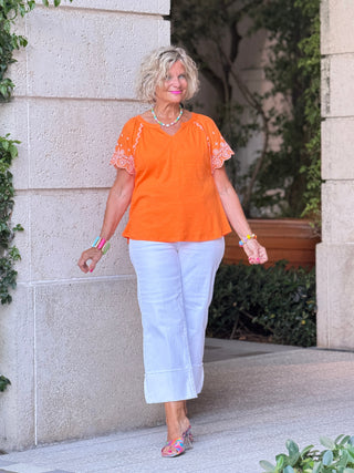 ORANGE FLORAL EMBOIDERY TOP Cathys Place