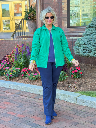 Crystal Zipper Cardigan with Collar Kelly Green