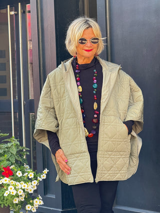 Oversize Quilted Puffer Hood Cape Poncho  SAGE
