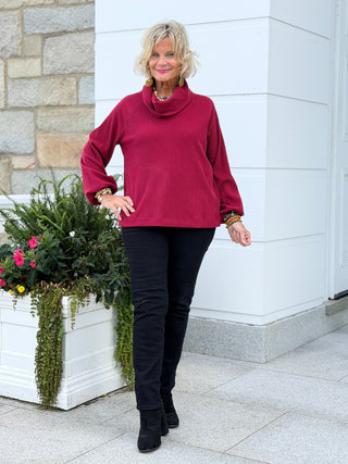 Women's Bubble Sleeve Cowl Neck Rib Knit Top SCARLET Cathys Place
