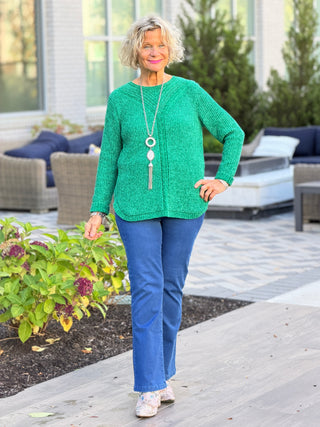 Women's Luster Chenille V-Neck Cable Sweater EMERALD Cathys Place