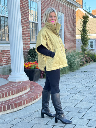 Quilted Short Sleeves Puffer Pullover Poncho Mustard