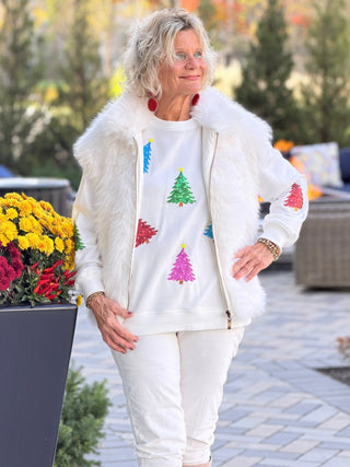 White Shiny Christmas Tree Patched Patterned Festive Sweatshirt Cathys Place
