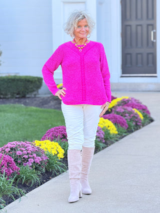 Women's Luster Chenille V-Neck Cable Sweater FUSHIA Cathys Place
