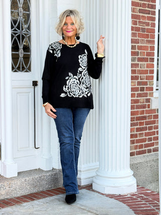Women's Floral Placement Eyelash Sweater BLACK Cathys Place