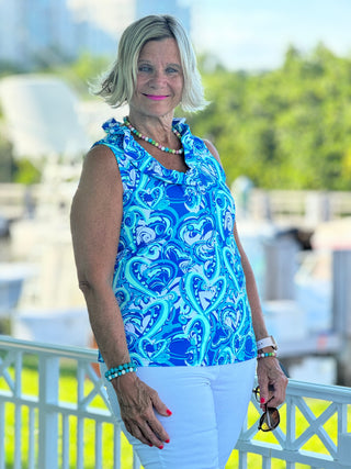 BLUE DREAMING HEARTS SLEEVELESS RUFFLE TOP