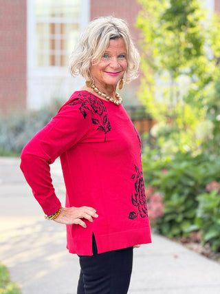 Women's Floral Placement Eyelash Sweater RED Cathys Place