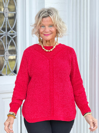 Women's Luster Chenille V-Neck Cable Sweater RED Cathys Place