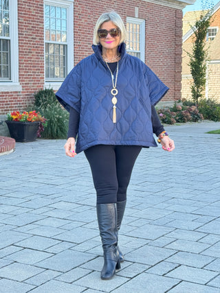 Quilted Short Sleeves Puffer Pullover Poncho Navy
