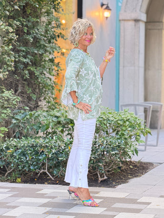 Women's PISTACHIO MULTI Starfish Puff Print Flutter Sleeve Top Cathys Place
