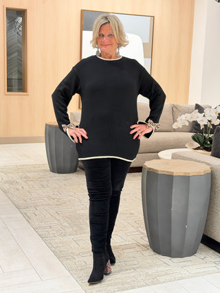 Leopard Black Bow Decor Split Cuff Contrast Trim Sweater Cathys Place