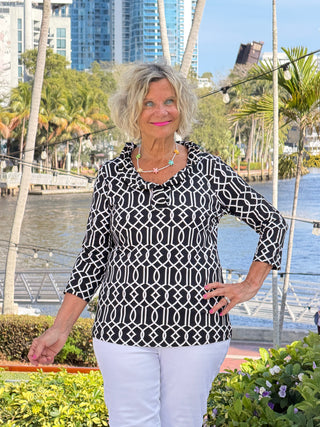 LULU B MIDNIGHT TRELLIS RUFFLE SLEEVE TOP LULU-B