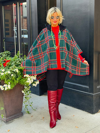 Flannel Plaid Zip Front Poncho GREEN AND RED