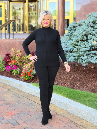 Basic Ribbed Knit Mock Neck Long Sleeve Sweater BLACK CHARLIE B
