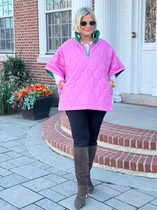 Quilted Short Sleeves Puffer Pullover Poncho Pink