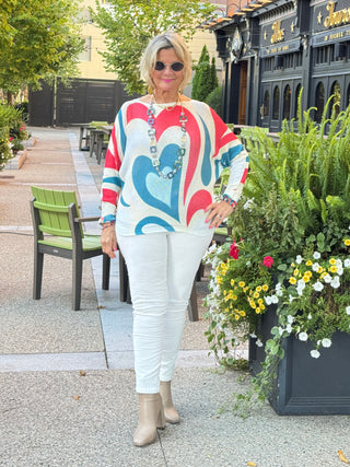 Beige Heart Round Knit Printed Sweater
