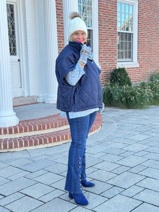 Quilted Short Sleeves Puffer Pullover Poncho Navy Cathys Place