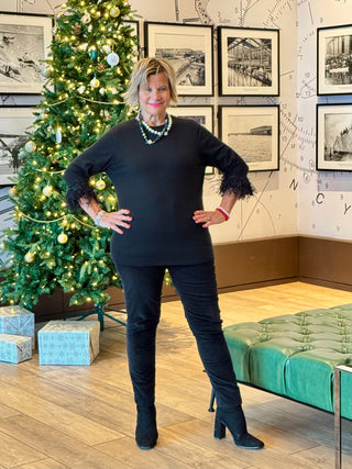 LULU-B BLACK SCOOP NECK FRINGE FANCY SWEATER