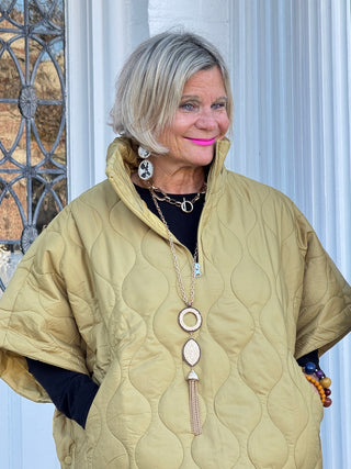 Quilted Short Sleeves Puffer Pullover Poncho Mustard
