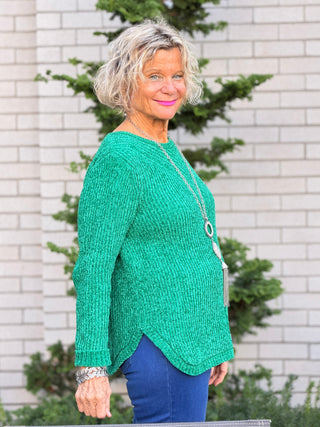 Women's Luster Chenille V-Neck Cable Sweater EMERALD Cathys Place