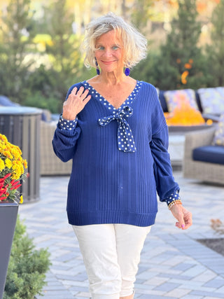 Spring Polka Dot Trimmed V Neck Bow Tie Textured Ribbed Top Cathys Place
