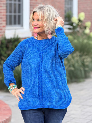 Women's Luster Chenille V-Neck Cable Sweater SAFFIRE Cathys Place