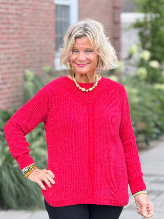 Women's Luster Chenille V-Neck Cable Sweater RED Cathys Place