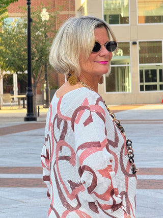 One Size Beige Heart Printed Knitted Sweater