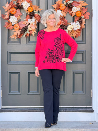 Women's Floral Placement Eyelash Sweater RED Cathys Place