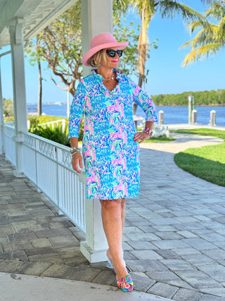 SPLASH OF PINK RUFFLE NECK DRESS