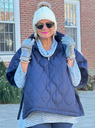 Quilted Short Sleeves Puffer Pullover Poncho Navy Cathys Place