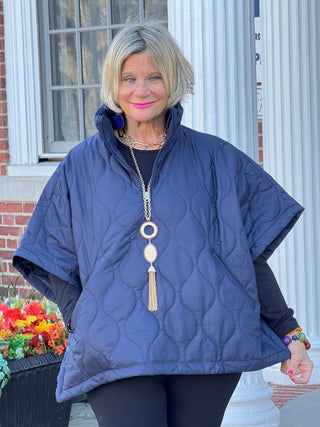 Quilted Short Sleeves Puffer Pullover Poncho Navy
